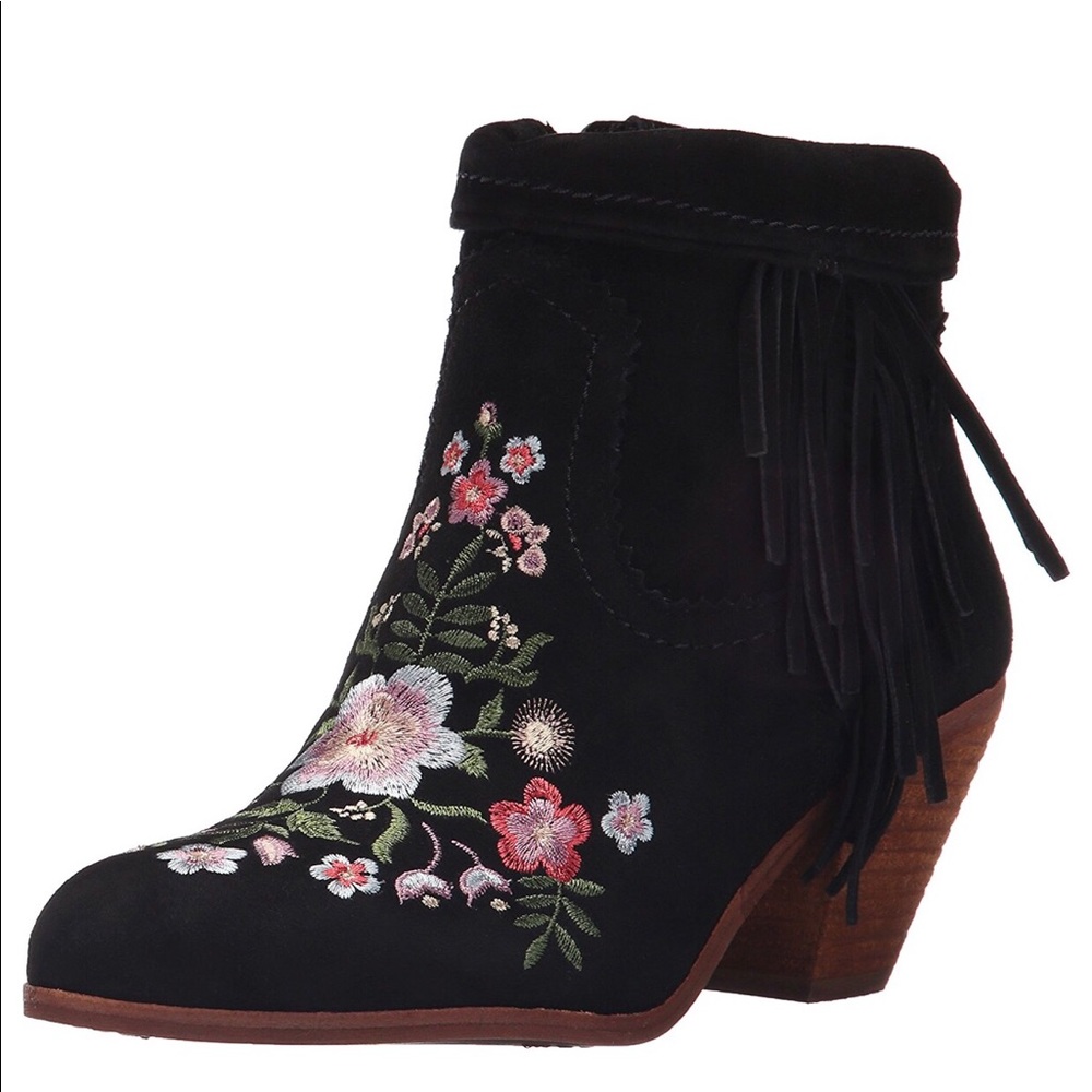 Hand Floral Embroidered Fringe Black Suede Boots